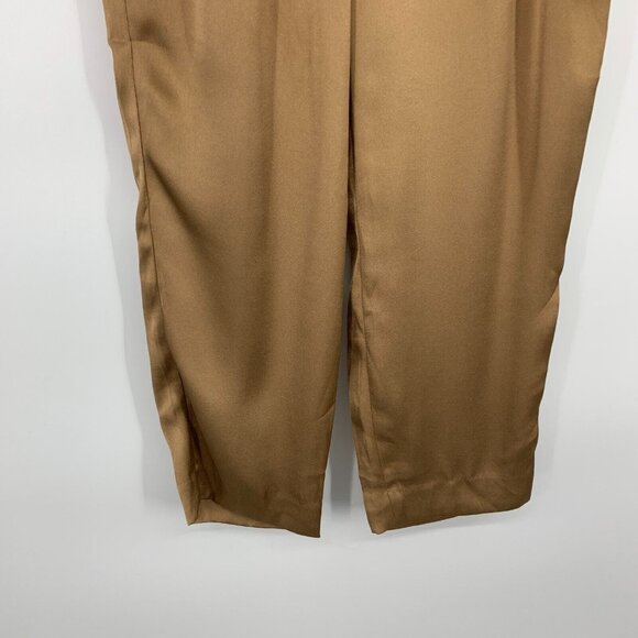 Express Pants Satin High Rise Straight Leg Pleated Ankle Crop Brown - Picture 7 of 10